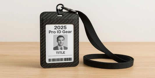 A carbon fiber badge holder with a black lanyard, featuring a 2025 Pro ID card, placed upright on a wooden surface with a neutral background.