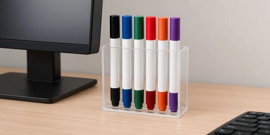 A clear acrylic magnetic marker holder on a wooden office desk, holding six colorful dry erase markers beside a black computer monitor.
