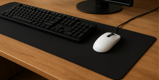 A black extended gaming mouse pad on a wooden desk, holding a black mechanical keyboard and a white wired gaming mouse.