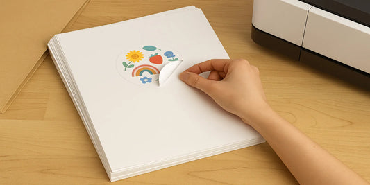 A hand peels a colorful round sticker from a stack of 40 matte inkjet sheets, placed beside a printer on a wooden desk.