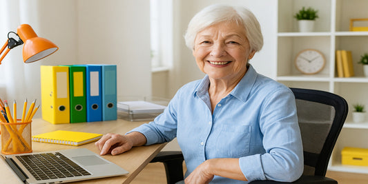 Smiling senior woman sitting at a bright home office desk with laptop, colorful binders, and ergonomic chair, enjoying a safe and organized workspace.