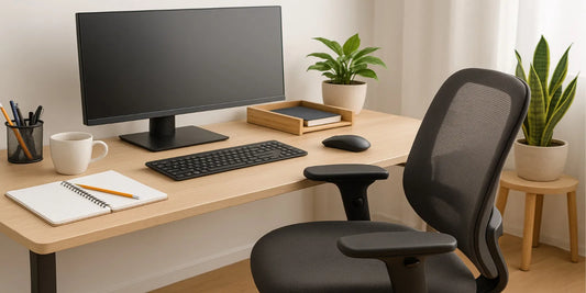 Ergonomic home office with mesh chair, wooden desk, monitor, keyboard, notebook, and plants, designed for a safe senior-friendly setup.