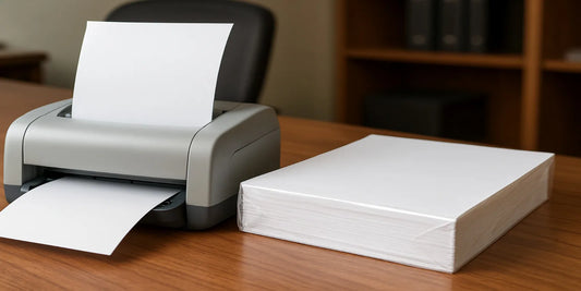 A thermal printer printing on 8.5x11 thermal paper beside a neatly stacked ream on a wooden office desk with shelves in the background.