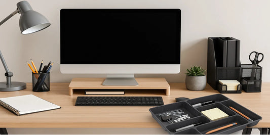 Modern office desk setup featuring a clean layout with a monitor, organizer tray, lamp, and office supplies for optimal productivity.