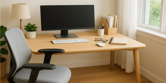Bright ergonomic home office with a wooden desk, adjustable chair, large monitor, glasses, notebook, and plants by the window.