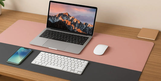 Modern desk setup with a dual-sided waterproof desk pad in pink and gray, featuring a laptop, keyboard, mouse, and smartphone on a wooden surface.