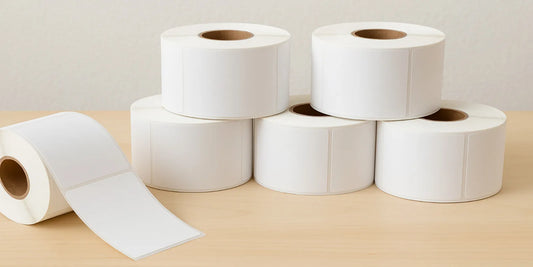 Six rolls of blank white thermal labels, size 2x1.5 inches, neatly stacked on a wooden surface with one roll partially unrolled.