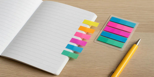 Open notebook with colorful sticky tabs on pages, extra page markers beside it, and a yellow pen on a wooden desk for organized studying.