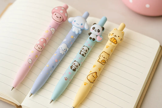 Four kawaii pastel ballpoint pens with cute characters are neatly placed on an open lined journal, creating a playful and cozy writing scene.