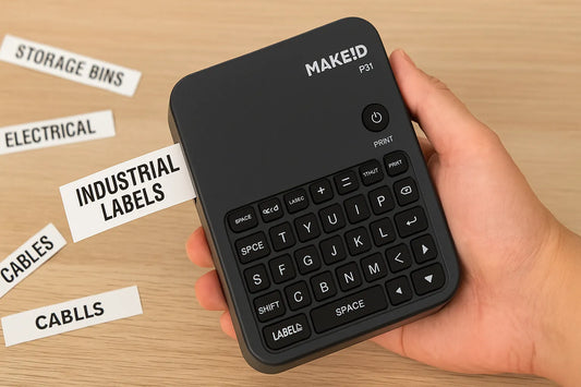 A hand holding a black Makeid P31 industrial label maker printing a label, with other printed labels scattered on a wooden desk surface.