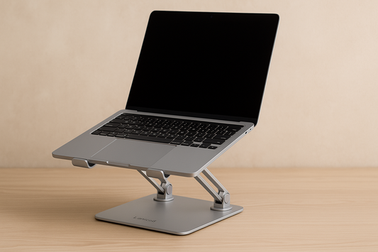 A silver Lamicall adjustable laptop stand holds a MacBook on a wooden desk, showcasing ergonomic design and modern style in a minimal workspace.