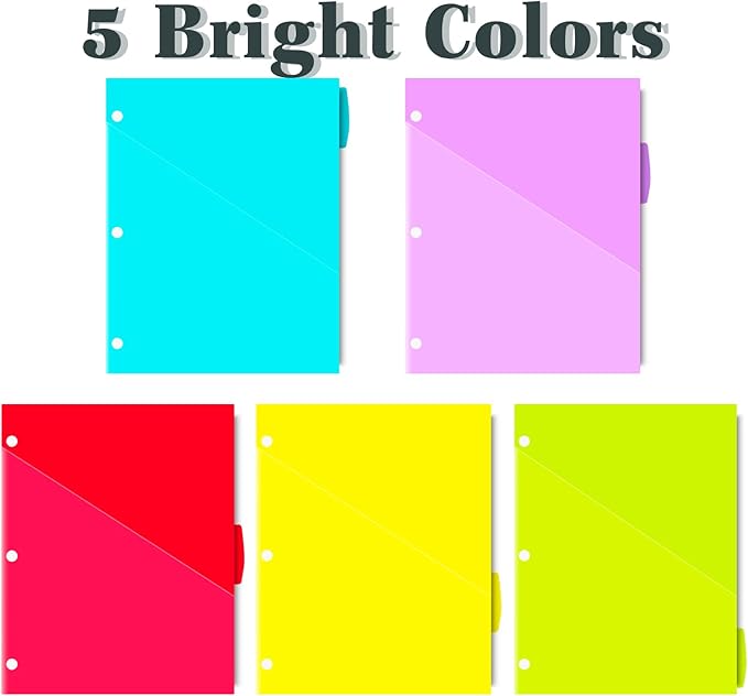 INFUN Plastic 5-Tab Binder Dividers with 2 Pockets - 3 Sets,15PCS Multicolor 2 Pocket Dividers with 3 Holes for 3 Ring Binders ,Total 15 Tabs