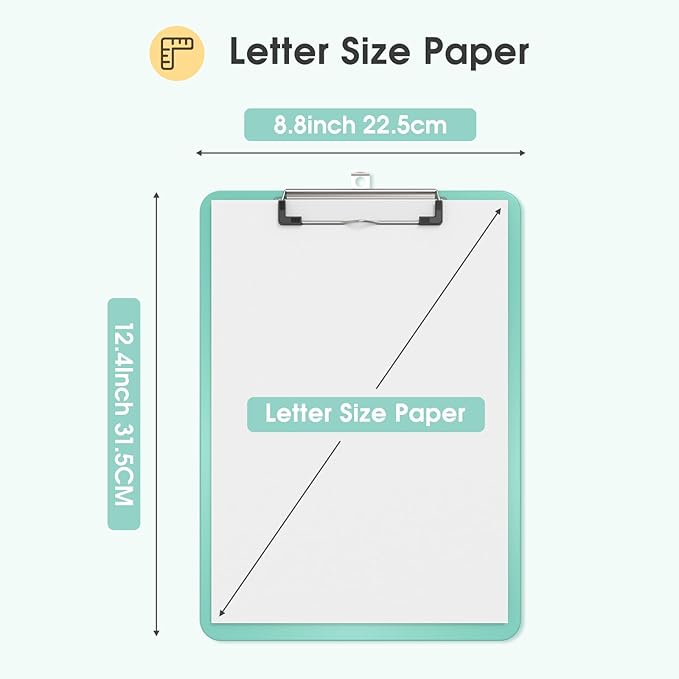 Plastic Clipboards 2 Pack, A4 Teal Clip Board 8.5x11 for Classroom, Students, Kid, Woman, Size 9" x 12.5" with Low Profile Clip, Office & School Supply