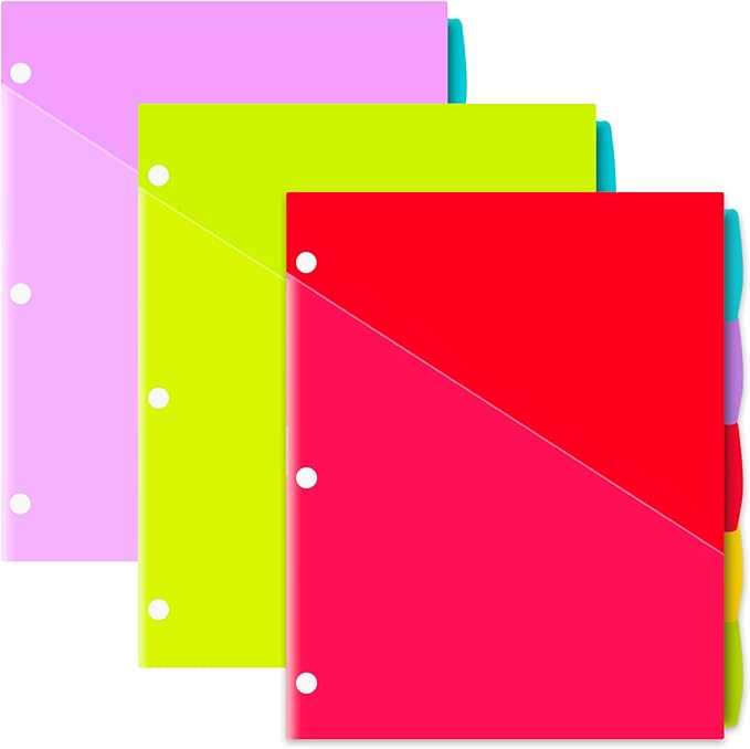 INFUN Plastic 5-Tab Binder Dividers with 2 Pockets - 3 Sets,15PCS Multicolor 2 Pocket Dividers with 3 Holes for 3 Ring Binders ,Total 15 Tabs
