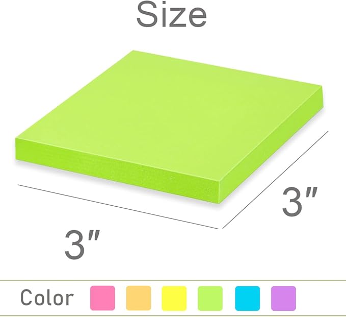 (24 Pack) Sticky Notes 3x3 in Post Bright Stickies Colorful Super Sticking Power Memo Pads, Strong Adhesive, 74 Sheets/pad