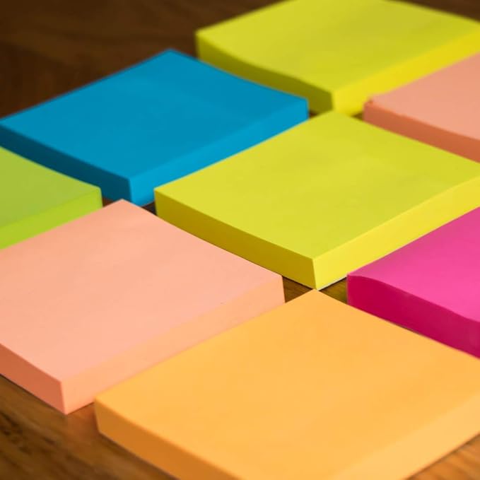 (6 Pack) Sticky Notes 3x3 in Bright Colored Super Self Sticky Pads - 100 Sheets/Pad - Easy to Post for School, Office Supplies, Desk Accessories