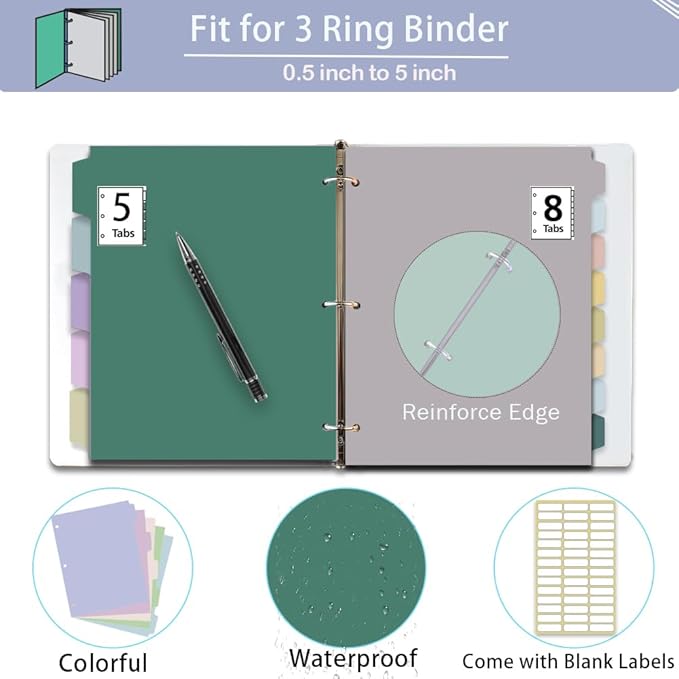 16Pcs/2 Sets Binder Dividers for 3 Ring Binder,8 Tab Binder Plastic Page dividers with Tab,tab dividers,Colored