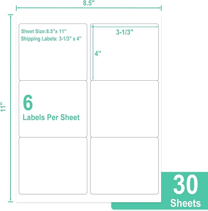 L LIKED 3-1/3" x 4" Shipping Labels 30 Sheets, Total 180 Printable White Sticker Labels, Laser/Inkjet Printing - Matte