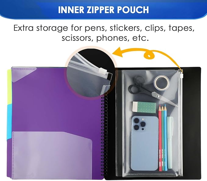 KTRIO 24 Pocket Poly Project Organizer, Spiral Binder Organizer Multi Pocket Folder with Dividers, Back Cover Utility Pouch, Letter Size School Supplies