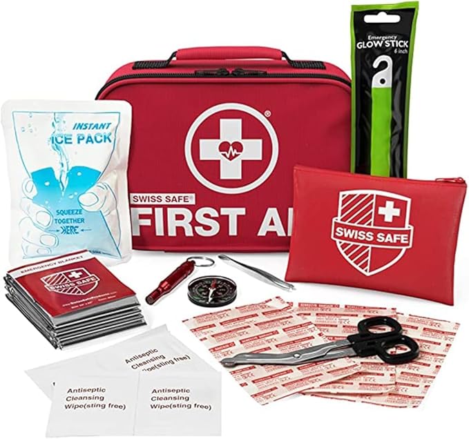 Swiss Safe 2-in-1 First Aid Kit for Car, Travel & Home, Businesses - Bonus Mini Kit for Medical Emergency Aid, Survival, Camping - FSA & HSA Eligible - 120+32 Pcs, Small+Travel FAK