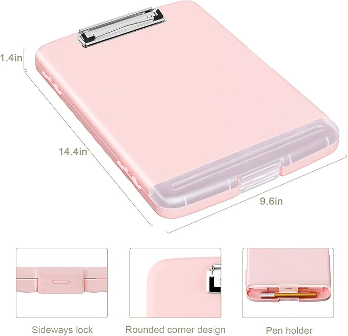 Piasoenc Clipboard with Storage, 8.5 x 11 Organization Box with Pen Holder and A4 Legal Paper Folder, Heavy Duty Plastic, Folio & Side-Opening, Low Profile Clip for Nurses, Teachers, Pink