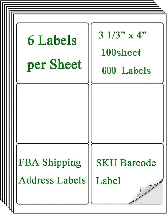 (8164/5164) 6 Up Shipping Address Labels, 3.33" X 4" FBA SKU Barcode Label for Inkjet/Laser Printer (100 Sheets - 600 Labels)