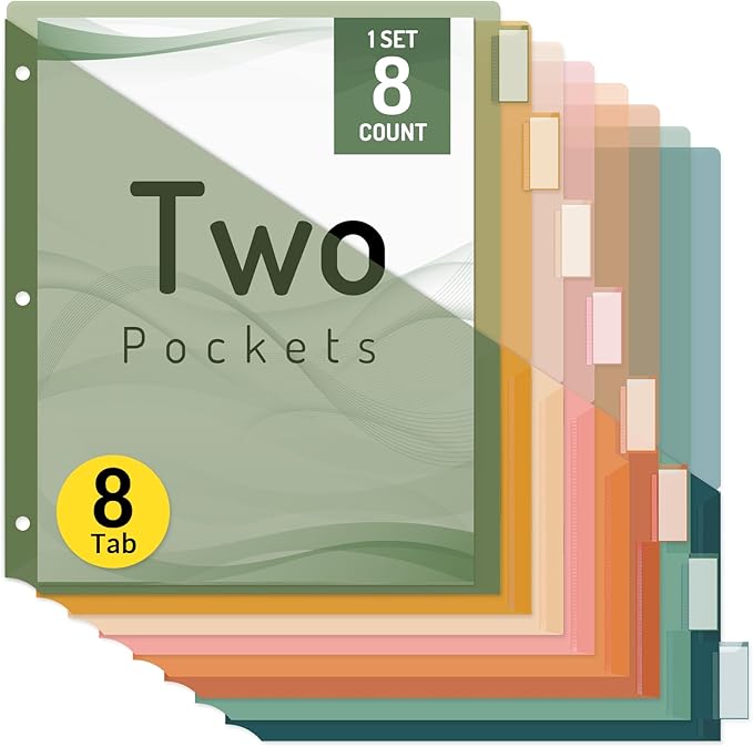 Forvencer 8 Count Dividers with Pockets, 8 Tab Dividers for 3 Ring Binder with Pockets, Subject Dividers with Pockets, Premium Quality Notebook Dividers with Pockets, Vintage, 1 Set