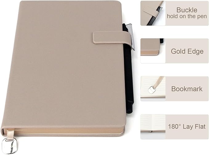 A5 Hard Cover Notebook with Pen Holder, Gold Edges & 180° Lay Flat - Large 5x8.25 Lined, Bookmark, Gift Box - Durable Journal for Office, Study, Travel - Writers, Students(Light Coffee)