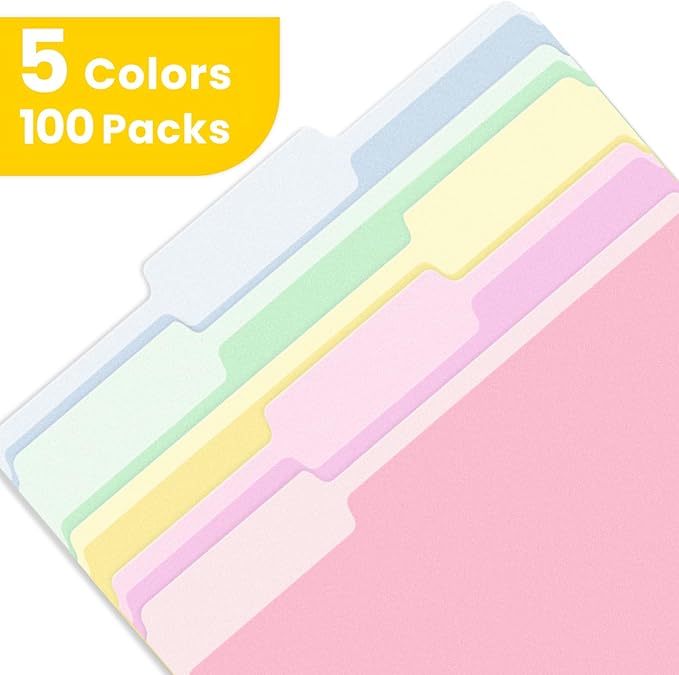SUNEE File Folders, 100 Pack Manila File Folders 1/3 Cut Letter Size, Colored Folders,Office Organization,Folders for School,Files Paper Home and Classroom,5 Bright Color