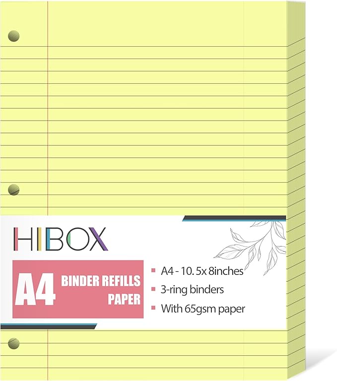 HIBOX 100 Sheets Ruled Loose Leaf Paper, 8" x 10.5" Yellow Lined Filler Paper Binder Refills Paper 3 Holes Punch for Notebook Binder Planner School Office