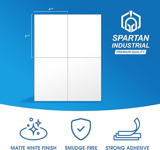 4.25" X 5.5" Matte White Shipping Labels Compatible with Inkjet and Laser Printers - 30 Sheets, 120 Total Printable Stickers for Mailing, Product Labeling, Organization - Spartan Industrial