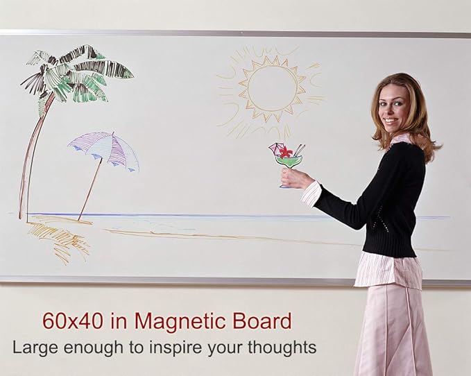 Large 60 x 40-in Magnetic Dry Erase Board with Pen Tray| Wall-Mounted Aluminum Message Presentation Memo White Board for Office Home and School