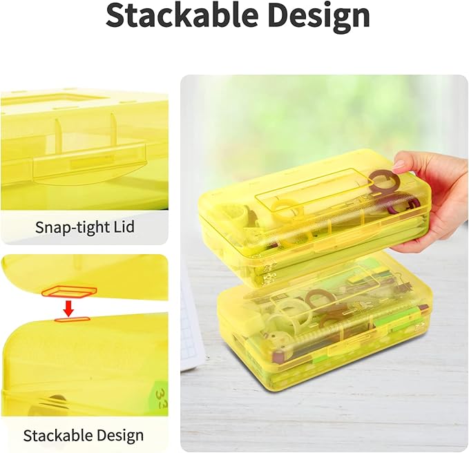 Sooez 3 Pack Pencil Case, Large Pencil Box Case, Clear Crayon Marker Box Bulk, Hard Plastic School Supplies with Snap-tight Lid, Stackable Storage Container Art Craft Organizer for Bead Pens