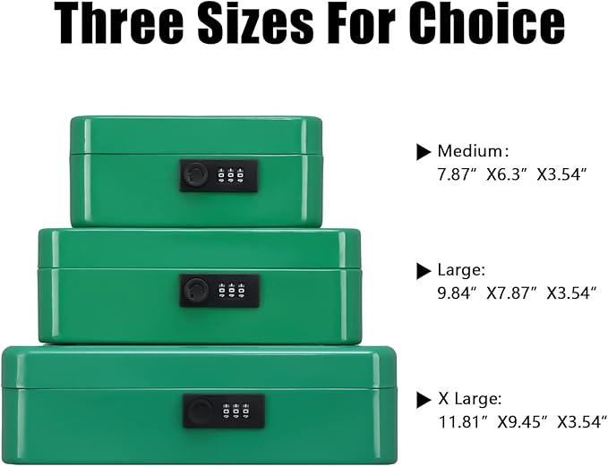 KYODOLED Metal Cash Box with Combination Lock Money Box for Cash Safe Metal Box with Money Tray for Security Lock Box 11.81"x 9.45"x 3.54" Green X Large