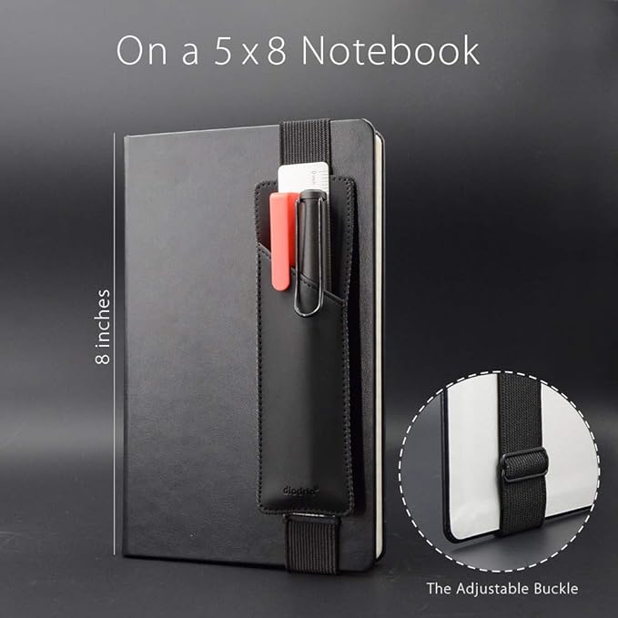 Adjustable Elastic Band Pen Holder, Pencil Holder, Pen Sleeve Pouch for Hardcover Journals, Notebooks, Planners, Binders, Fit Notebooks from 8" to 11” in Height, PU Leather, Detachable, Black