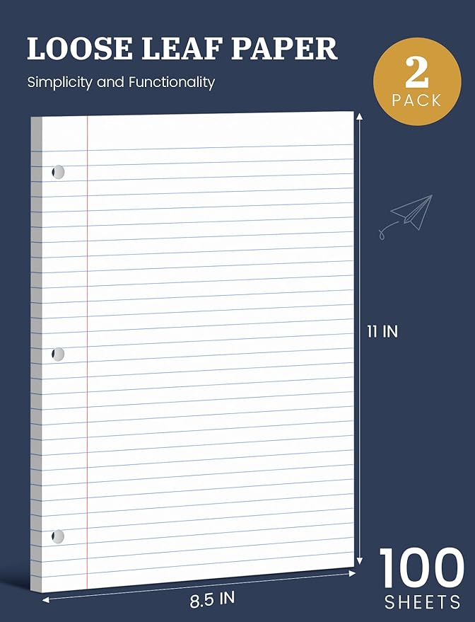 Loose Leaf Paper 8.5 x 11, Loose Leaf Notebook Paper, 200 Sheets Binder Paper 8-1/2 x 11'', 3-Hole Punched Filler Paper Notebook Binder Paper, Wide Ruled Loose Leaf Paper, 2 Pack, 100 Sheets/Pad