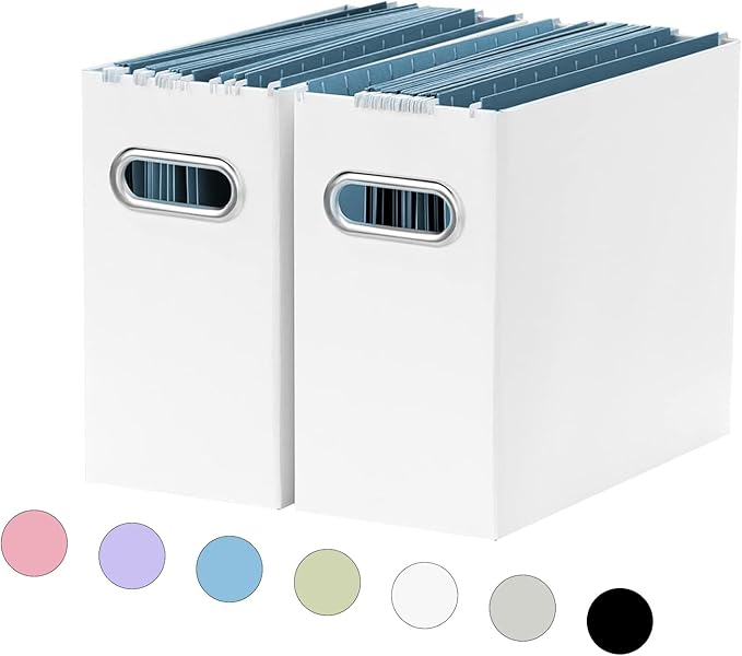 Oterri File Organizer, Small Storage Box, Cardboard File Folder Organizer, Collapsible File Box, Hanging File Organizer for Letter Size, Portable File Box with Handle, Only Box(White,2 Packs)