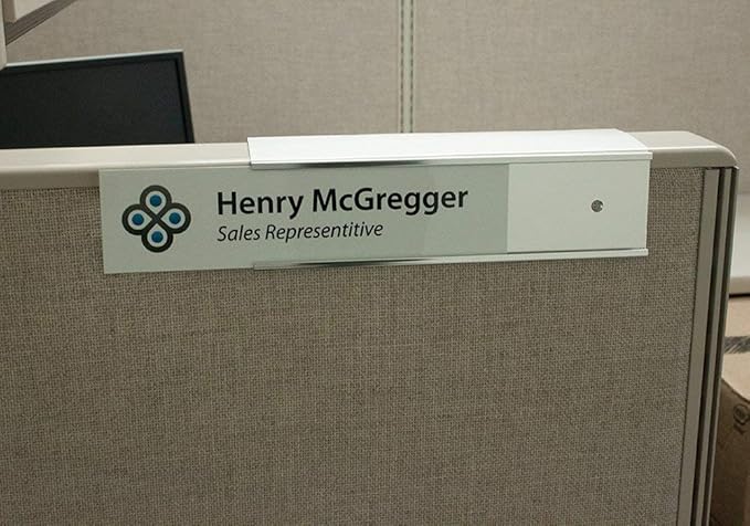 The Original Over the Cube - Quality Aluminum, Changeable Cubicle Nameplate Holder, Satin Silver Base, and Silver Name Plate Holder, (2.25" Cubicle Wall Depth) - Made in The USA