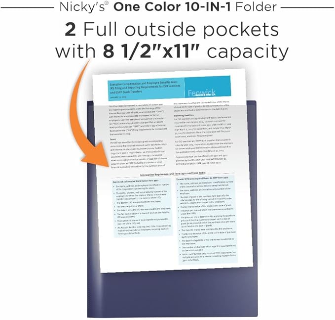 Nicky's® Multi Pocket Organizer, 10 or 14 Page Folder, Waterproof, Patented Tear-Resistant, Flexible Plastic, Proudly Made in USA, Binder Substitute. (10-in-1 Navy Blue)