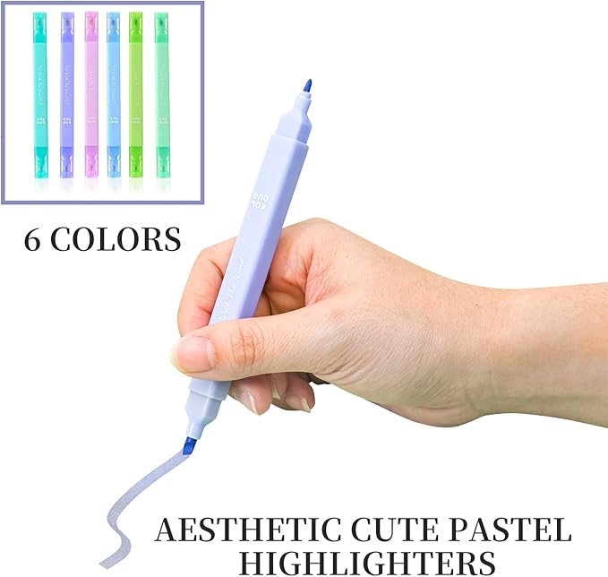Aesthetic Cute Pastel Highlighters Set, 6 count, Mild Assorted Colors Candy Highlighters, Chisel Tip,No Bleed Bible Marker Pen, Study Journaling School Supplies Planner