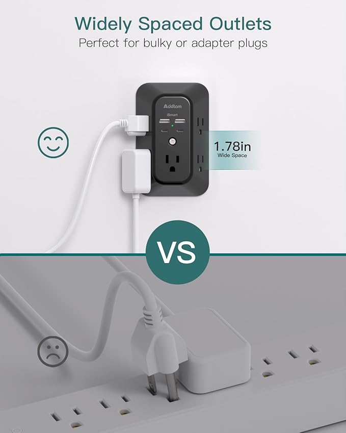 Outlet Extender Surge Protector - Addtam 5-Outlet Splitter with 4 USB Wall Charger(PD 30W), Multi Plug Wall Outlet Power Strip for Home, Black