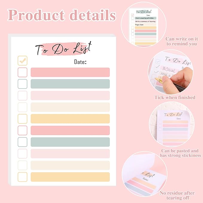 4 Packs to Do List Notepad, 240 Sheets Daily to Do List Sticky Notes 4x6Inches Memo Pad Pastel Candy Color Portable Planner for Coworkers Funny Office Gifts, 4 Cute Designs