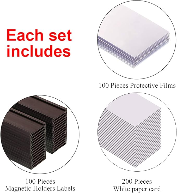C Channel Magentic Label Holders 1x3 Inches with Paper Inserts and Clear Plastic Protectors,Magnetic Data Card Holders File Cabinet,Pack of 100