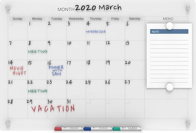 Audio-Visual Direct Magnetic Glass Dry Erase Board Set (3' x 2', Calendar Ultra White) for Wall - Monthly Planner