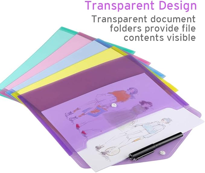 Sooez 20 Pack Folders Plastic Envelopes, Clear Plastic File Folder for Document, Letter A4 Size Poly File Envelopes with Label Pocket, Snap Button for Home Work Office Organizer, 5 Colors