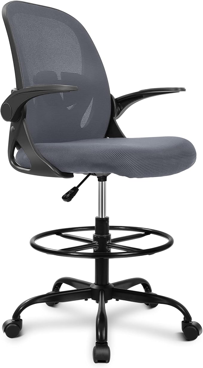 Primy Drafting Chair Tall Office Chair with Flip-up Armrests Executive Ergonomic Computer Standing Desk Chair with Lumbar Support and Adjustable Footrest Ring(Dark Gray)