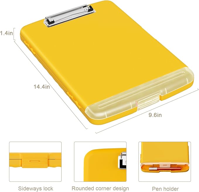 Piasoenc Clipboard with Storage, 8.5 x 11 Organization Box with Pen Holder and A4 Legal Paper Folder, Heavy Duty Plastic, Folio & Side-Opening, Low Profile Clip, for Nurses, Teachers, Yellow