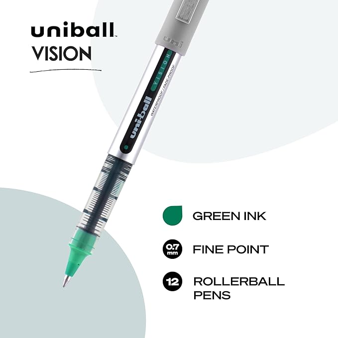 Uniball Vision Rollerball Pens, Green Pens Pack of 12 - 0.7mm Fine Point Medium Ink - Japanese Pens, Smooth Writing Pens, School & Office Supplies