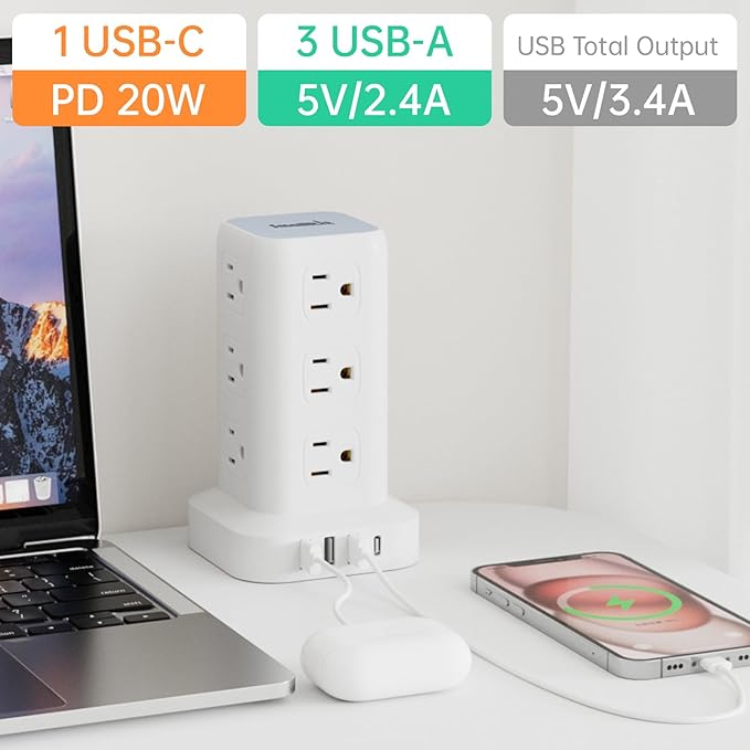 PD20W Power Strip Tower Surge Protector Power Strip with USB 12 Outlets with 4 USB Ports (1 USB C), Flat Plug 10FT Extension Cord Multi Plug Outlet Extender Overload Protection for Home Office
