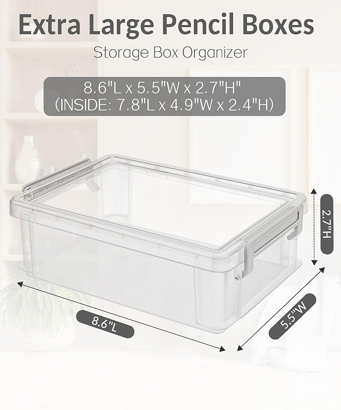 Sooez 6 Pack Extra Large Pencil Box, Plastic Pencil Case Crayon Box Bulk, Clear Marker Organizer Plastic Containers with Lid, Stackable Storage Box for Craft, Pen, Art, School Supply, Grey